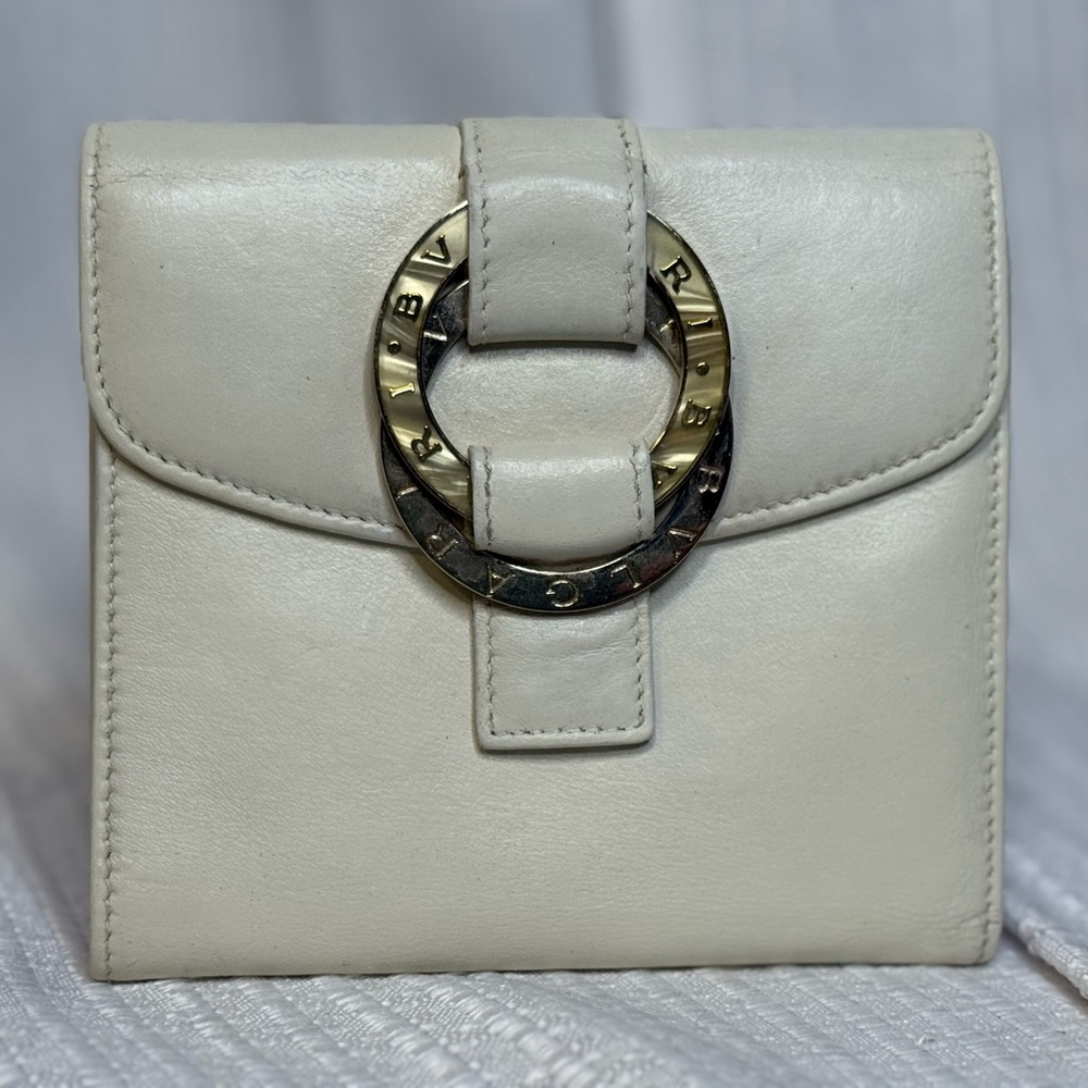 Bvlgari Cream Leather Wallet with Gold Ring